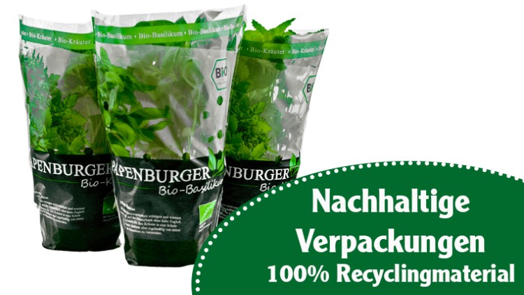 Drei transparente Kräuter-Verpackungen mit grünem Aufdruck, Text „Nachhaltige Verpackungen, 100% Recyclingmaterial“ daneben.
