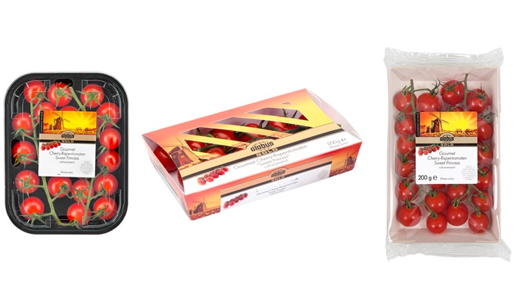 Drei Verpackungen mit GLOBUS Gourmet Cherrytomaten an Rispen, auf schwarzem oder weißem Untergrund, mit sichtbarem Etikett.