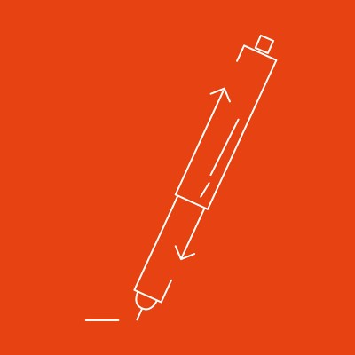 Weiße Linien-Skizze eines Kugelschreibers mit Pfeil auf orangefarbenem Hintergrund, darunter ein kurzer Strich.