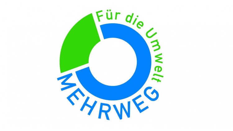 Blauer Kreis mit grünem Segment, Text „Für die Umwelt“ in grün und „MEHRWEG“ in blau.
