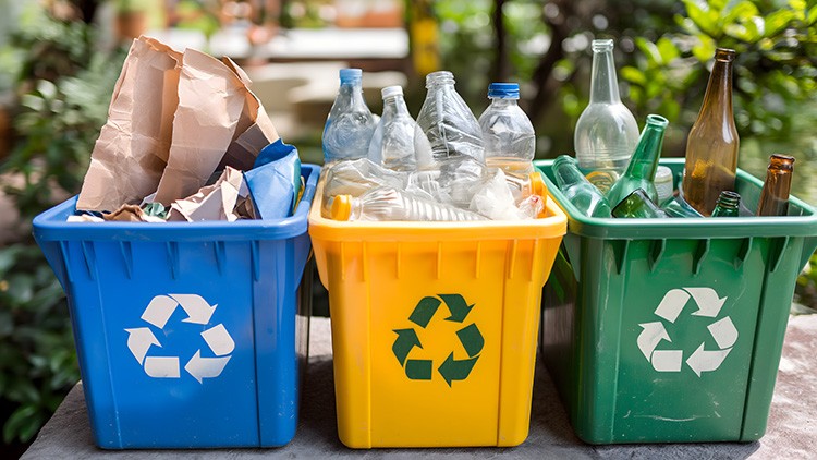 Drei farbige Recyclingbehälter, blau für Papier, gelb für Plastik und grün für Glas, mit Abfällen in sonniger Umgebung.