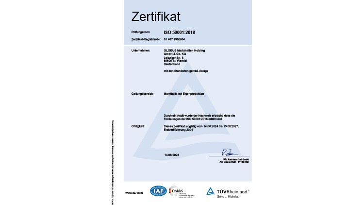 Zertifikat ISO 50001:2018 der TÜV Rheinland für GLOBUS Marktinhaber Holding, gültig bis 13.08.2027 mit weiteren Details.