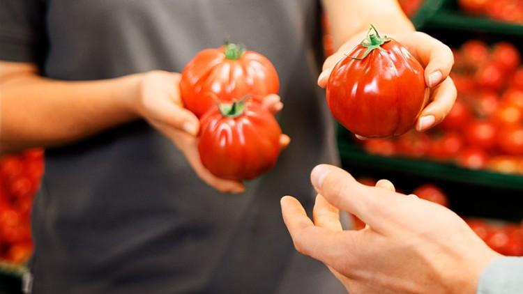 Zwei Personen halten große rot glänzende Tomaten vor einer Auslage mit weiteren frischen Tomaten in grünen Kisten.