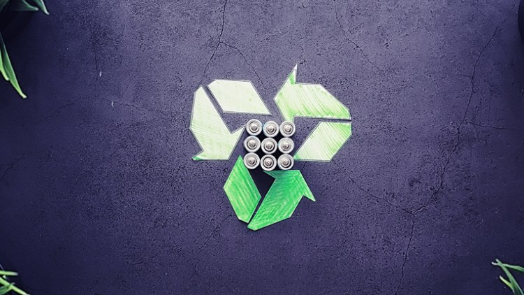 Grüne Recycling-Symbole aus Papier umgeben neun Batterien, im Hintergrund sind vier grüne Pflanzen auf dunklem Untergrund.