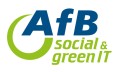 Logo mit blauem Schriftzug „AfB“, grünem Kreis und grünem Text „social & green IT“ auf weißem Hintergrund.