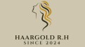 Silhouette eines Gesichts mit geschwungenen Haarlinien in Schwarz und Gold, darunter der Text „HAARGOLD R.H SINCE 2024“.