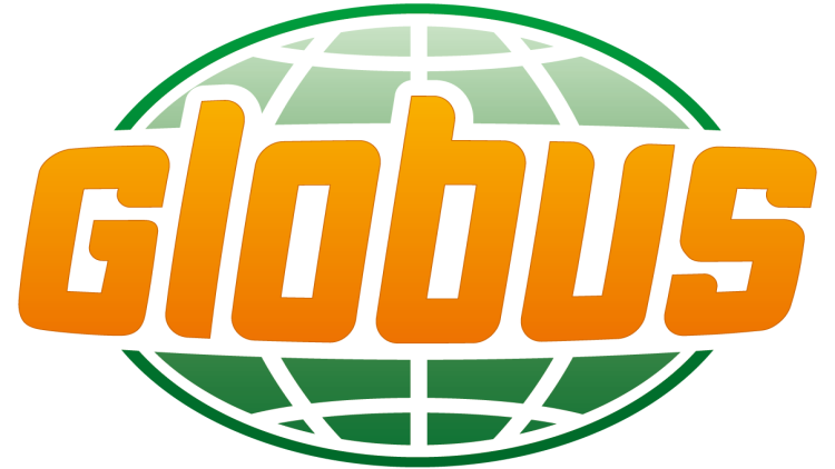 Das GLOBUS Logo besteht aus orangefarbenem Schriftzug, grünem Globus-Hintergrund und weißem Rand.