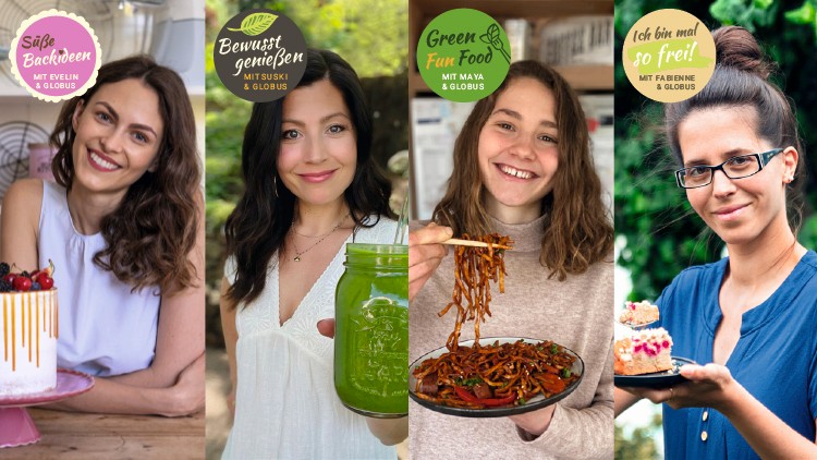 Vier Frauen halten jeweils eine Torte, ein grünes Getränk, einen Teller mit Nudeln und ein Dessert, Texte mit Themen über Ernährung.