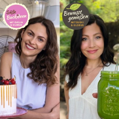 Vier Frauen halten jeweils eine Torte, ein grünes Getränk, einen Teller mit Nudeln und ein Dessert, Texte mit Themen über Ernährung.