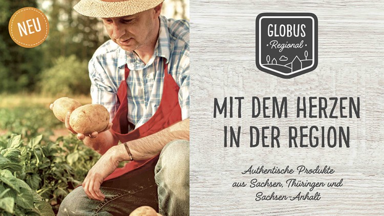 Person mit Strohhut und roter Schürze hält Kartoffeln, rechts Text \