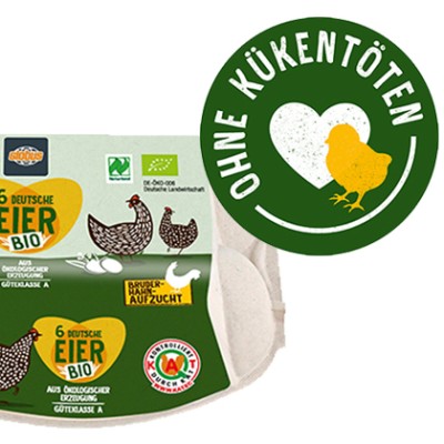 Verpackung mit 6 deutschen Bio-Eiern, Siegel „Ohne Kükentöten“, Grafik mit Herz und Küken sowie Angaben zur Bruderhahn-Aufzucht.
