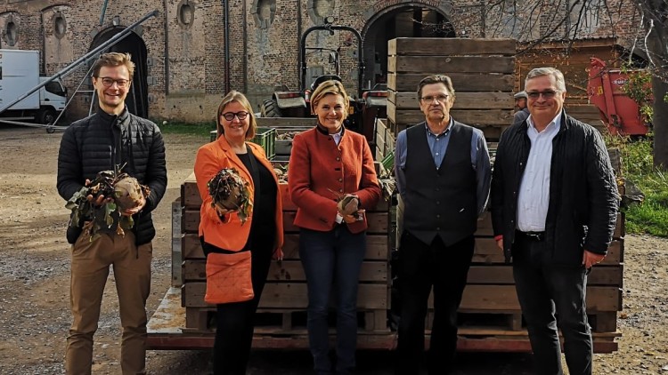 Fünf Personen stehen vor Holzkisten neben einem Traktor, zwei halten Wurzelgemüse mit Blättern in den Händen.