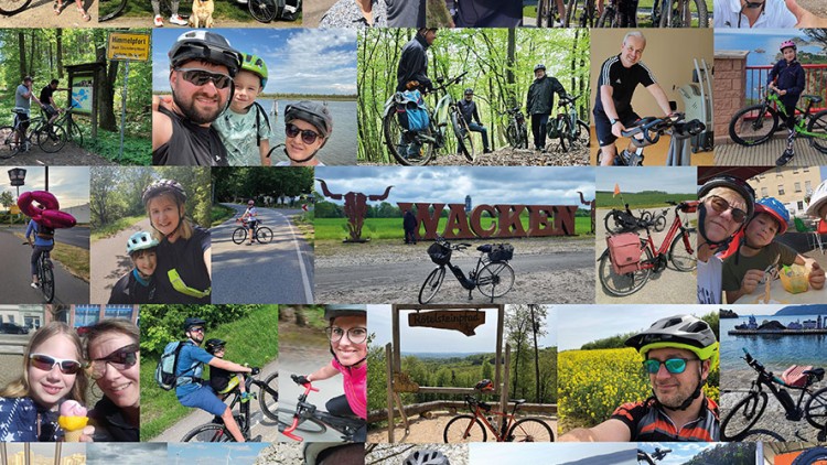 Collage aus verschiedenen Fahrradszenen mit Landschaftshintergründen, Schildern und einem großen WACKEN-Schriftzug.