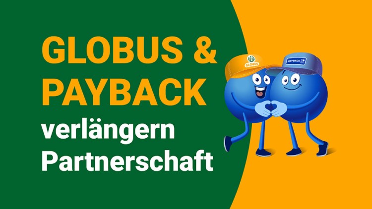 GLOBUS & PAYBACK verlängern Partnerschaft, PAYBACK Pointee mit GLOBUS-Logo und PAYBACK-Cap formen ein Herz mit Händen.