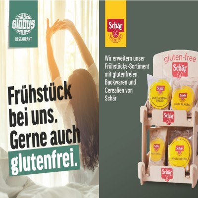 Links ein Rücken einer Person vor einem Fenster, rechts glutenfreie Produkte von Schär auf einem Holzdisplay.