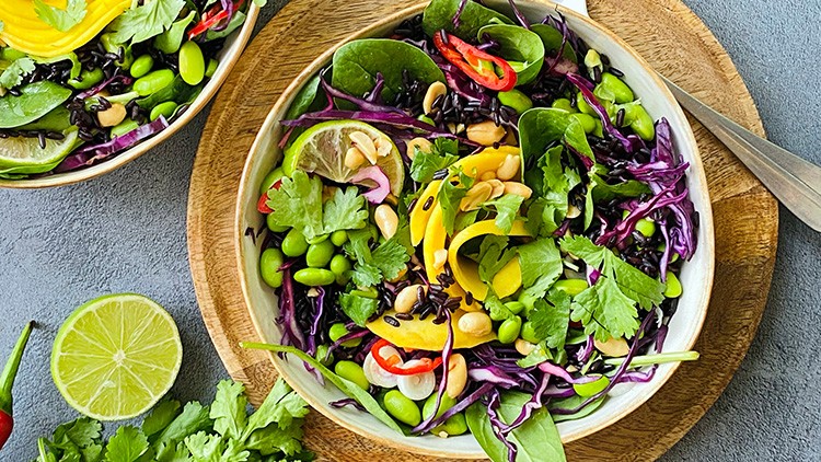 Ein Teller mit frischem Salat aus Rotkohl, Mango, Edamame, Chili, Spinat, Koriander, Limette, Erdnüssen und schwarzem Reis.