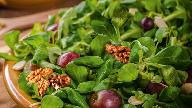 Teller mit frischem Feldsalat, roten Weintrauben, Walnüssen und Mandeln, im Hintergrund eine Schale Salat und Weintrauben.