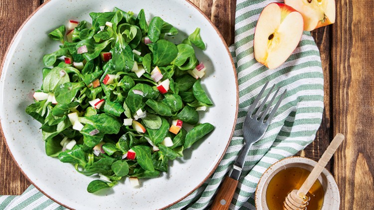 Eine Schale Feldsalat mit Apfelstücken und Zwiebeln, daneben Besteck, Honig im Glas und Apfelspalten auf einem Streifenhandtuch.