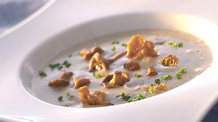 Weiße Cremesuppe mit goldbraunen Pilzstücken und gehacktem Schnittlauch in einem weiß gebogenen Teller auf blauer Tischdecke.