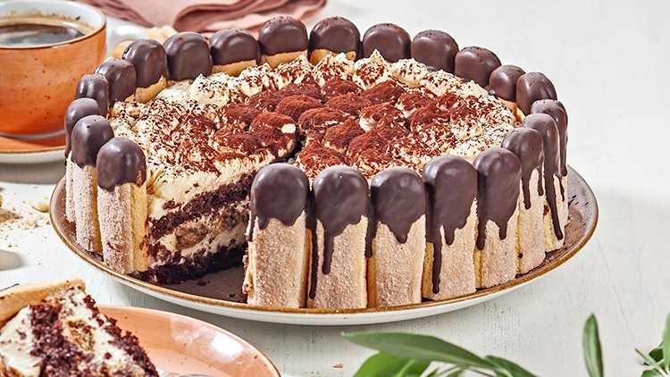 Runde Torte aus Löffelbiskuits mit Schokoladenüberzug und cremiger Füllung, ein Stück auf einem Teller mit Gabel und Kaffee.