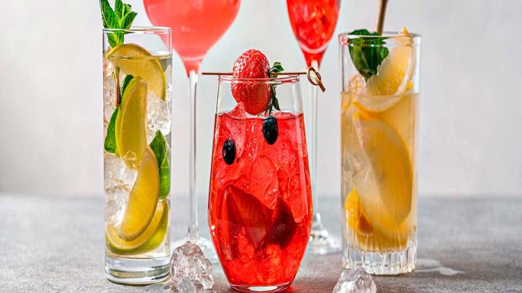 Fünf Gläser mit eisgekühlten Getränken, dekoriert mit Minze, Beeren und Zitrusfrüchten, vor hellem Hintergrund.
