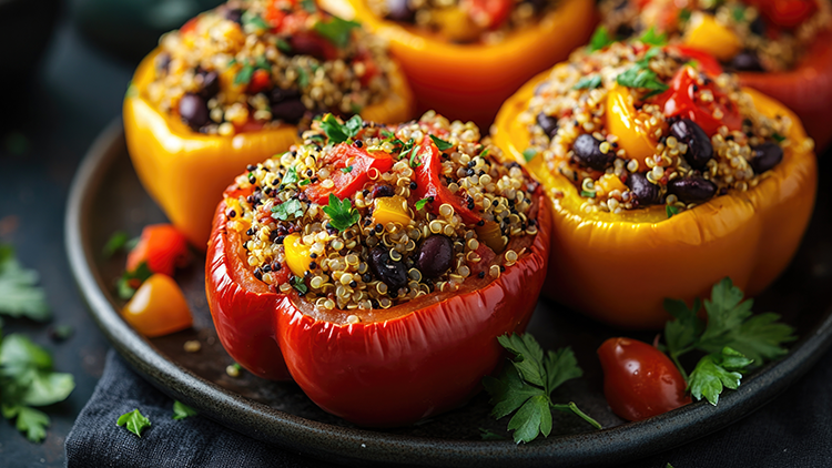 Gefüllte Paprikaschoten in Rot und Gelb, gefüllt mit Quinoa, schwarzen Bohnen, Gemüse und Kräutern, auf einem Teller angerichtet.