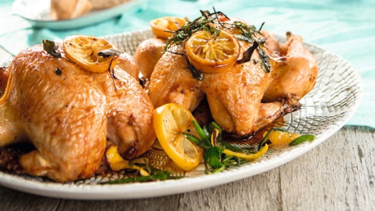 Gericht mit knusprig gebratenem Hähnchen, Zitrone und Kräutern auf einer Platte, im Hintergrund Personen an gedecktem Tisch.