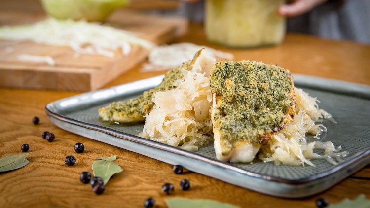 Gebackenes Fischfilet mit Kräuterkruste liegt auf Sauerkraut auf einem grauen rechteckigen Teller, umgeben von Gewürzen.