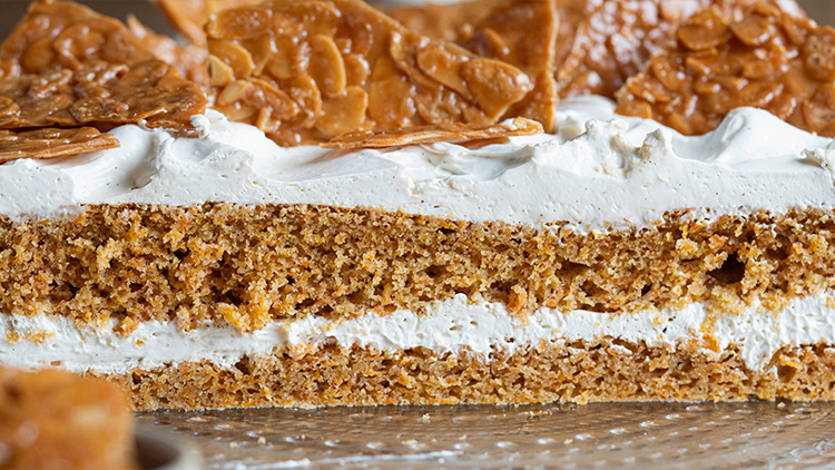 Eine Schichttorte aus braunem Teig mit heller Cremefüllung, oberhalb knusprige Karamellsplitter.