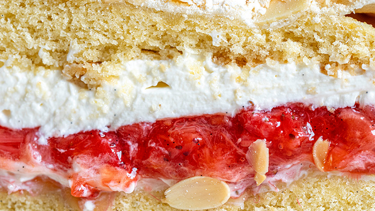 Schnitt einer Erdbeertorte mit goldbraunem Biskuit, weißer Sahnecreme, roten Erdbeeren und gehobelten Mandelstücken.