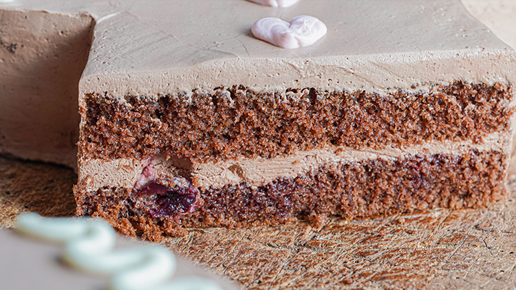 Schokoladenkuchenaufschnitt mit Schokocreme und Fruchtfüllung auf Holzuntergrund, dekoriert mit kleinen hellen Schokokugeln.