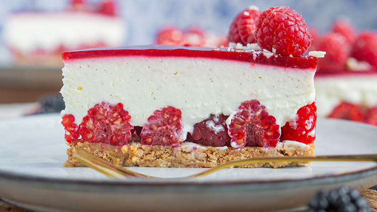 Ein Stück Himbeer-Creme-Dessert mit Keksboden, frischen Himbeeren und rotem Gelee obenauf liegt auf einem weißen Teller.