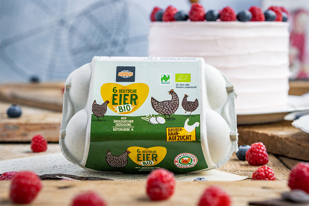 Eine Packung mit 6 deutschen Bio-Eiern der Güteklasse A von GLOBUS, dekoriert mit Himbeeren und Blaubeeren vor einer Torte.