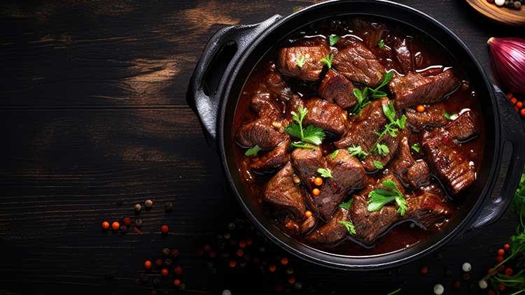 Ein schwarzer Topf mit dunklem Gulasch, garniert mit grüner Petersilie, auf einem dunklen Holztisch mit buntem Pfefferstreu.