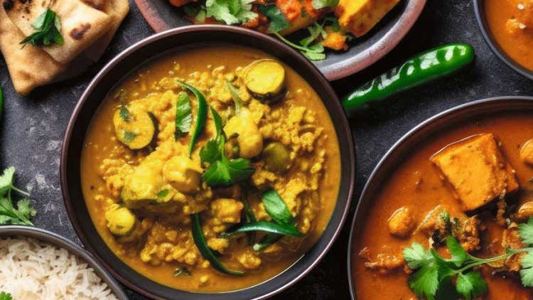 Verschiedene indische Gerichte wie Curry, Reis, Naan-Brot und grüne Chilis dekorativ angerichtet auf einem dunklen Untergrund.