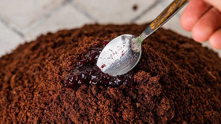 Ein Löffel mit roter Konfitüre wird auf einem Haufen dunkler Kuchenkrümel verteilt.