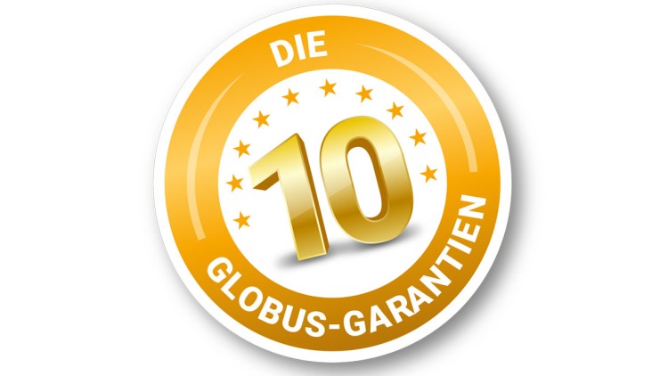 Rundes, goldenes Logo mit der Aufschrift „DIE 10 GLOBUS-GARANTIEN“ und einer großen goldenen Zahl 10 in der Mitte.