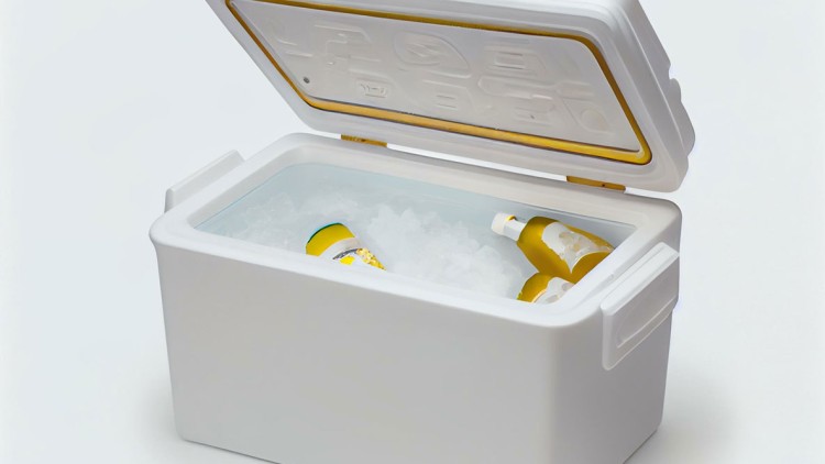 Weiße Kühlbox mit geöffnetem Deckel, gefüllt mit Eis und mehreren gelb-weißen Flaschen.