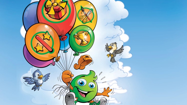 Globini hält bunte Luftballons mit Symbolen wie Geschenk, Schere und Pokal, zwei Vögel fliegen daneben, blauer Himmel im Hintergrund.