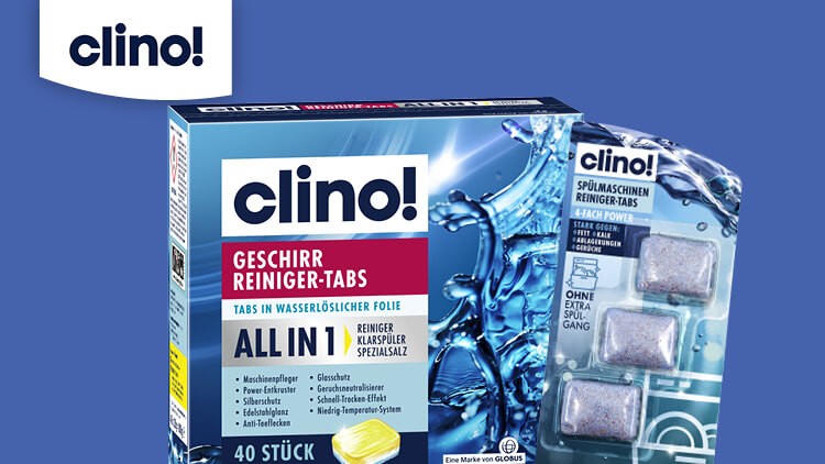 Verpackung von clino! Geschirr Reiniger-Tabs mit 40 Stück und 4-Stück-Testpackung, Text: „ALL IN 1, Reiniger Klarspüler Spezialsalz“.