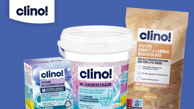 Vor blauem Hintergrund stehen clino!-Produkte, darunter Hygiene WC-Zauberschaum, WC-Zauberschaum und Bodentücher.