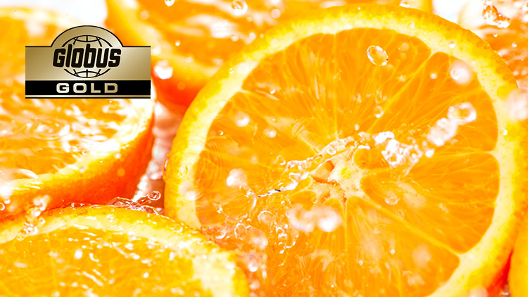 Nahaufnahme von spritzenden Orangenscheiben mit Wassertropfen und einem GLOBUS GOLD-Logo in der oberen linken Ecke.