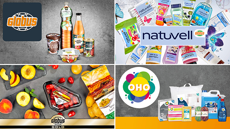 Oben links: Verschiedene GLOBUS Produkte wie Getränke, Schokolade und Chips vor grauem Hintergrund, GLOBUS Logo links. Oben rechts: „naturell“ Produkte von GLOBUS wie Kosmetikartikel und Feuchttücher, Schmetterlinge, Seifenblasen und Wasser. Unten links: Pfirsiche, Tomaten und Kartoffeln bei GLOBUS Gold, schwarze Verpackung und naturbelassene Zutaten auf schwarzem Hintergrund. Unten rechts: Diverse GLOBUS Haushaltsartikel wie Müllbeutel, Reinigungsmittel und Wäscheklammern, daneben ein rundes OHO Logo. 