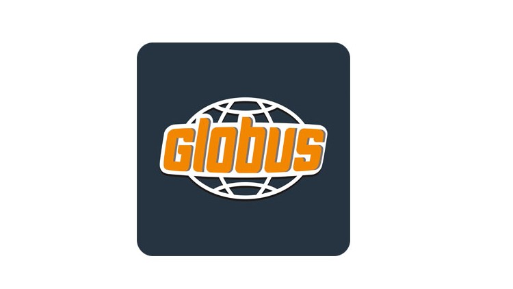 Das weiß-orange GLOBUS-Logo mit Weltkugel-Grafik auf dunkelgrauem Hintergrund.