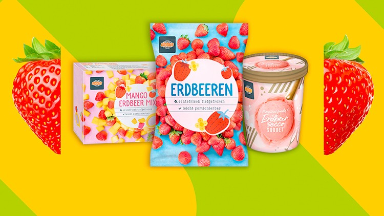 Drei GLOBUS-Produkte mit Erdbeeren: Mango-Erdbeer-Mix, tiefgekühlte Erdbeeren und Erdbeersorbet mit grün-gelbem Hintergrund.