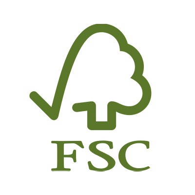 Grünes FSC-Logo mit stilisierter Baumform und Haken darüber, darunter die Buchstaben FSC in Großbuchstaben.