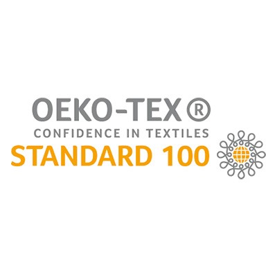 OEKO-TEX® STANDARD 100 Logo mit grauem und orangefarbenem Schriftzug sowie kreisförmigem Symbol mit textilen Mustern.