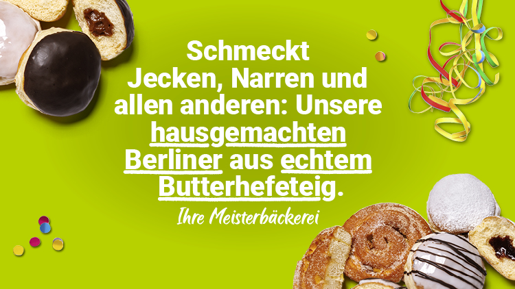 Hausgemachte Berliner mit verschiedenen Glasuren und Füllungen liegen auf grünem Hintergrund, daneben bunte Streifen und Konfetti.