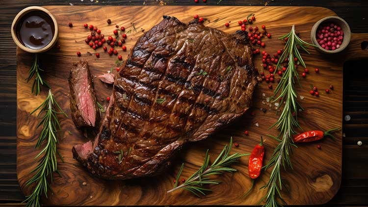 Gegrilltes Steak mit Grillmuster liegt auf einem Holzbrett, umgeben von Rosmarinzweigen, roten Pfefferkörnern und Chilischoten.