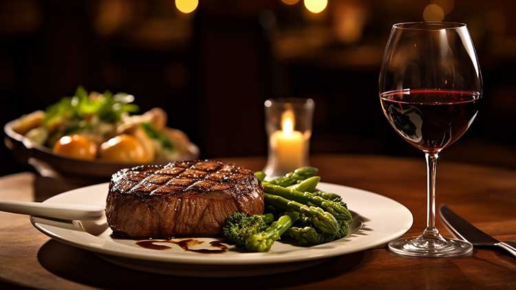 Ein gegrilltes Steak mit Grillmuster, grünem Gemüse und Soße auf einem Teller, daneben ein Glas Rotwein und eine Kerze.